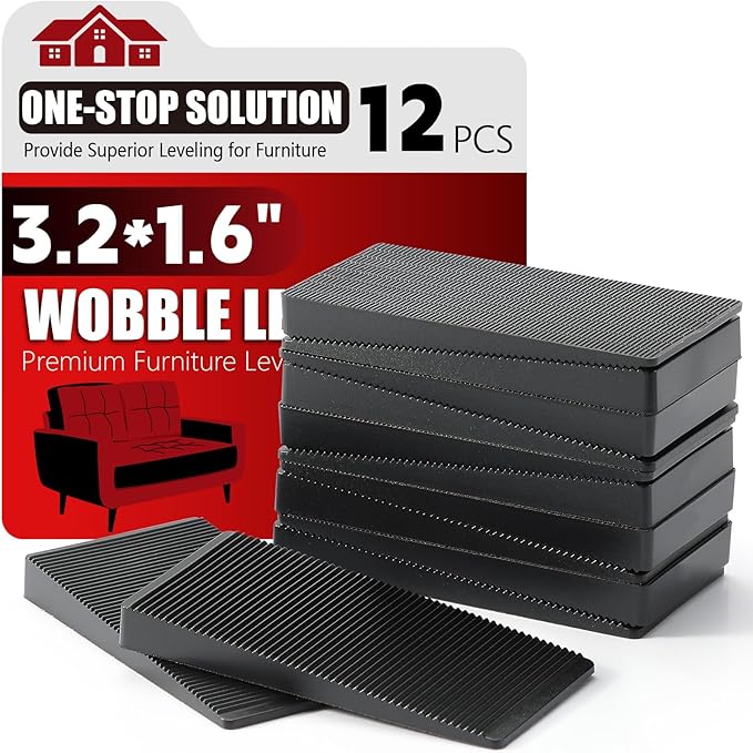 Furniture Leveler 12pcs Kit Size Variety | Multi-Purpose Rubber Shim for Leveling Feet Stable | Anti-Wobble Pad for Uneven Table, Dresser Leg, Toliet and More Furniture | Prevent from Wobbling