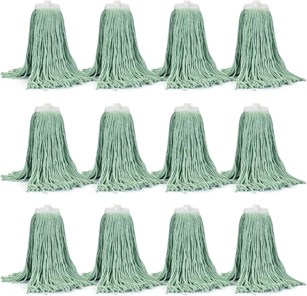 Matthew Cleaning Screw-on Heavy Duty Cotton Wet Mop Replacement Heads(Green, Large,12 Pack) with 2 Pack Microfiber Cloth for Residential & Commercial Floor Cleaning Use- Fit Standard American Screw