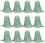 Matthew Cleaning Screw-on Heavy Duty Cotton Wet Mop Replacement Heads(Green, Large,12 Pack) with 2 Pack Microfiber Cloth for Residential & Commercial Floor Cleaning Use- Fit Standard American Screw