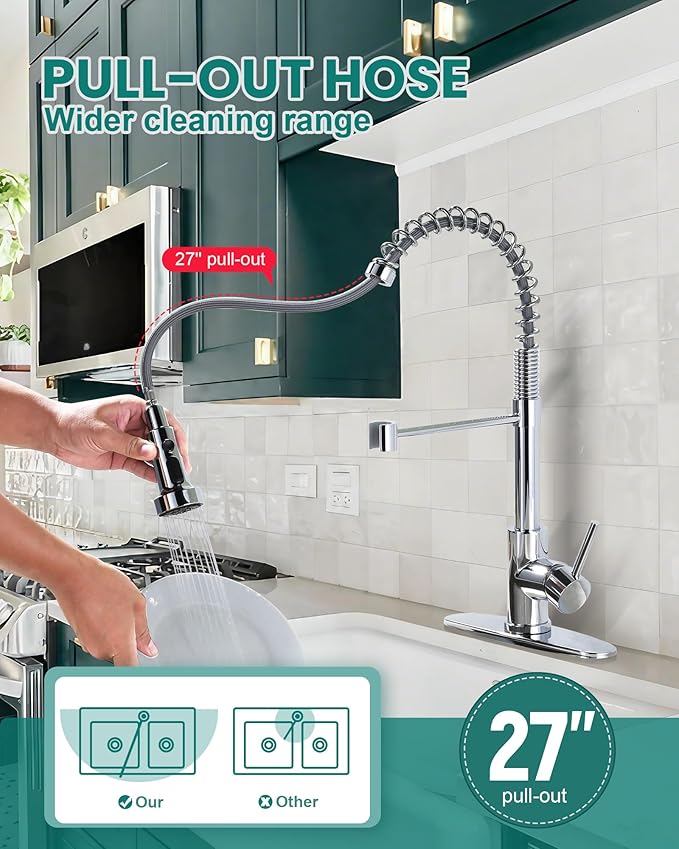 Kitchen Faucet with Pull Down Sprayer: Chrome 3-Function Kitchen Sink Faucet for 1 or 3 Hole - Stainless Steel Single Handle Spring Kitchen Faucets with Deck Plate for Farmhouse RV Laundry