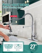 Kitchen Faucet with Pull Down Sprayer: Chrome 3-Function Kitchen Sink Faucet for 1 or 3 Hole - Stainless Steel Single Handle Spring Kitchen Faucets with Deck Plate for Farmhouse RV Laundry