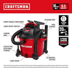 CRAFTSMAN CMXEVBE17595 16 Gallon 6.5 Peak HP Wet/Dry Vac, Heavy-Duty Shop Vacuum with Attachments and Additional General Purpose Filter