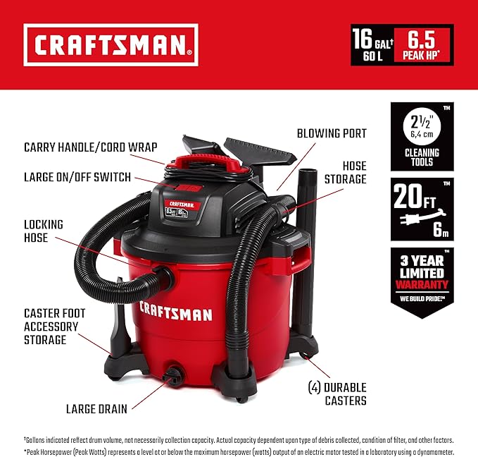 CRAFTSMAN CMXEVBE17595 16 Gallon 6.5 Peak HP Heavy Duty Wet/Dry Shop Vac with Filter, Dust Bag, Hose, Attachments and CMXEVBE17678 1.75 Peak HP Wet/Dry Shop Vac Powerhead with Filter Bag and Hose