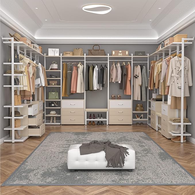 Aheaplus 8FT Closet Organizer Systems with 6-Drawers, 96'' Wood Closet Organizer with Storage for Walk in Closets, Clothing Rack Wardrobe Closet Garment Rack for Hanging Clothes, Bedroom, White Oak