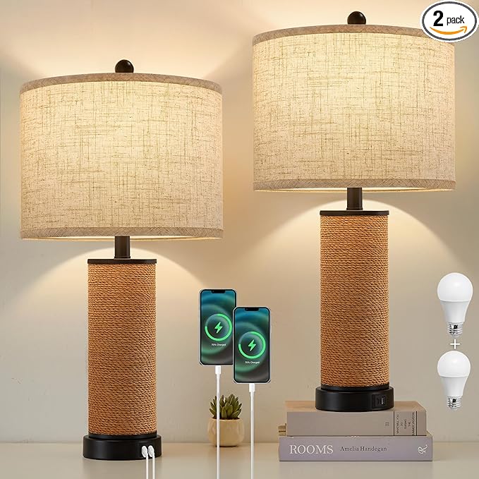 Set of 2 Rattan Table Lamps for Living Room with USB C+A Ports, 3 Color Temperature Nightstand Bedside Lamp Rocker Switch Coastal Lamps for Bedroom, Wicker Lamps for Living room (2 Bulbs Included)