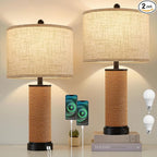 Set of 2 Rattan Table Lamps for Living Room with USB C+A Ports, 3 Color Temperature Nightstand Bedside Lamp Rocker Switch Coastal Lamps for Bedroom, Wicker Lamps for Living room (2 Bulbs Included)