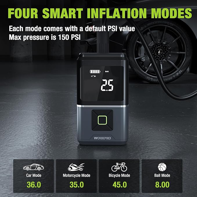 WORKPRO Portable Tire Inflator, 7.2V/12V Small/Mid/Large Air Compressor, Digital Display, Auto Shut-Off, 5 Modes, LED Light, High Airflow, for Car, Motorcycle, Bike, Balls