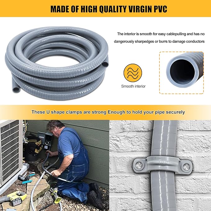3/4 inch 150 Foot Liquid-Tight Conduit and Connector Kit, Flexible Non Metallic Electrical Conduit, With 10 Straight and 10 Angle Fittings and Pipe Strap