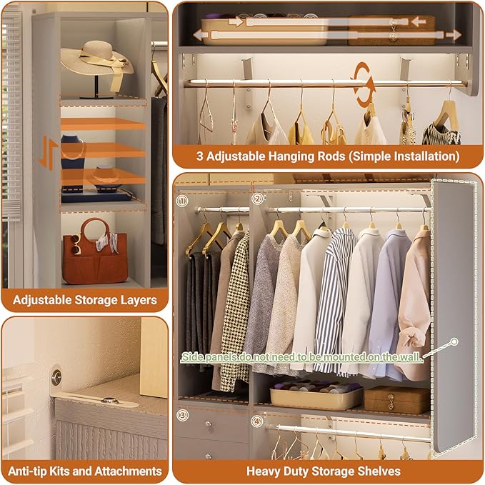 Closet System - 5FT Small Closet System with Drawers, 60" Closet Organizer System with Reversible Hanging Shelving, Closet Systems for Small/Walk-in Closets, Morandi Grey