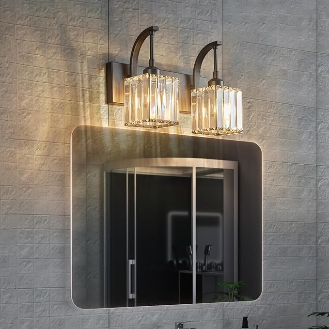 Crystal Vanity Lights 2-Light Black Wall Lamp Modern Crystal Bathroom Light Fixtures Over Mirror 13.77" Long Bathroom Wall Sconce