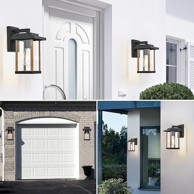 Outdoor Wall Sconce, Outside Porch Light Fixtures, Wall Mount Anti-Rust Exterior Wall Lights in Wood Grain Finish & Black Finish with Clear Glass for Garage Doorway Entryway