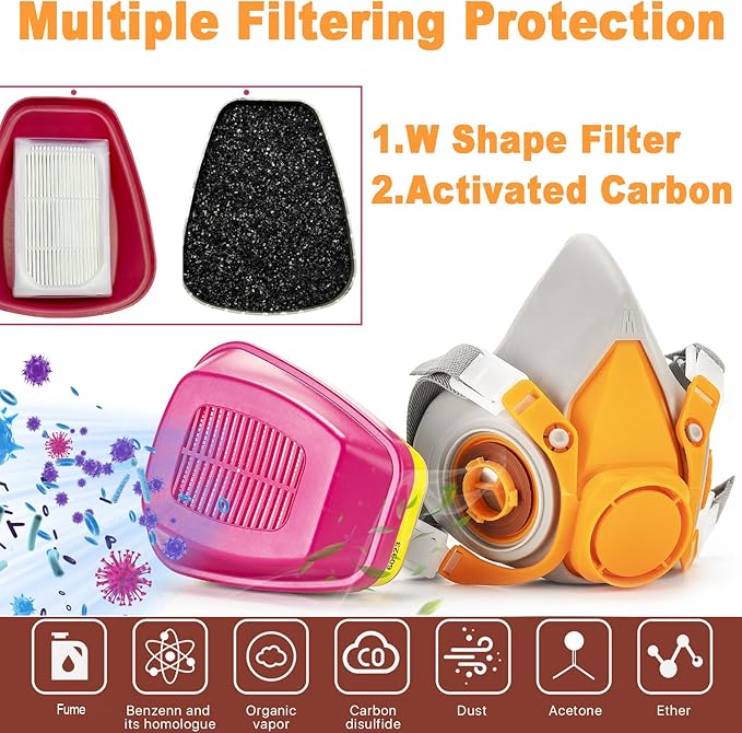 RANKSING Respirator Mask with Filters and Glasses to Against Dust Gases Fumes in Painting Spraying Sanding Orange/Pink