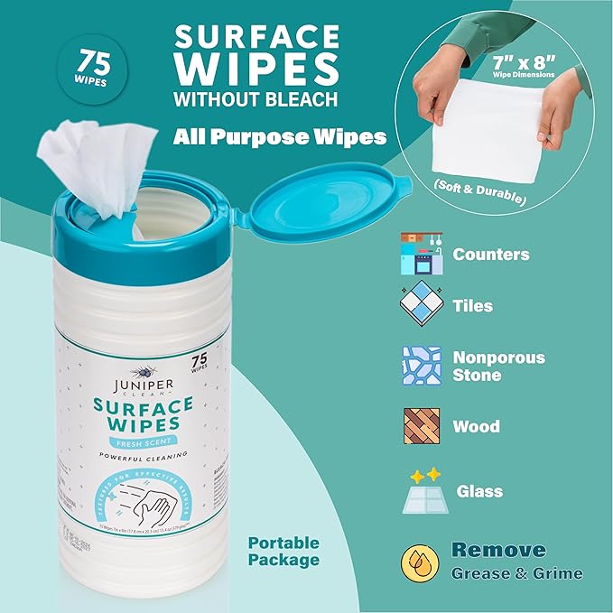 1 Pack Surface Cleaning Wipes Bleach Free, All-Purpose Cleaner for Bathroom, Kitchen, Office, 75 Count Canister, 7.5" x 7" Sheet, Fresh Scent, Lint Free & Durable