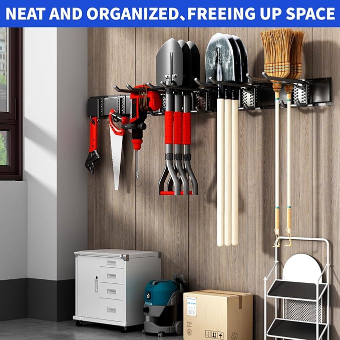 Tool Organizer Wall Mount, 32inch Heavy Duty Garden Tool organizer Storage System, Easy Install With 6 Adjustable Hooks, For Garage, Basement, Shed, Workshop(Black)