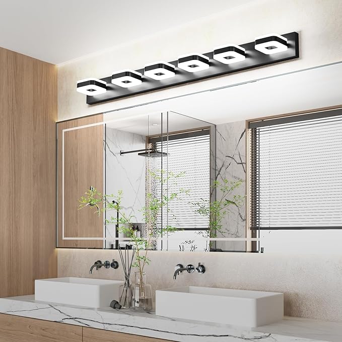 Tipace LED Modern Bathroom Vanity Light Fixtures (6-Light, 47.2-Inch),Acrylic Black Bathroom Wall Lighting Fixtures Over Mirror (Cool White 5500K) with Rotatable Vanity Lights Heads