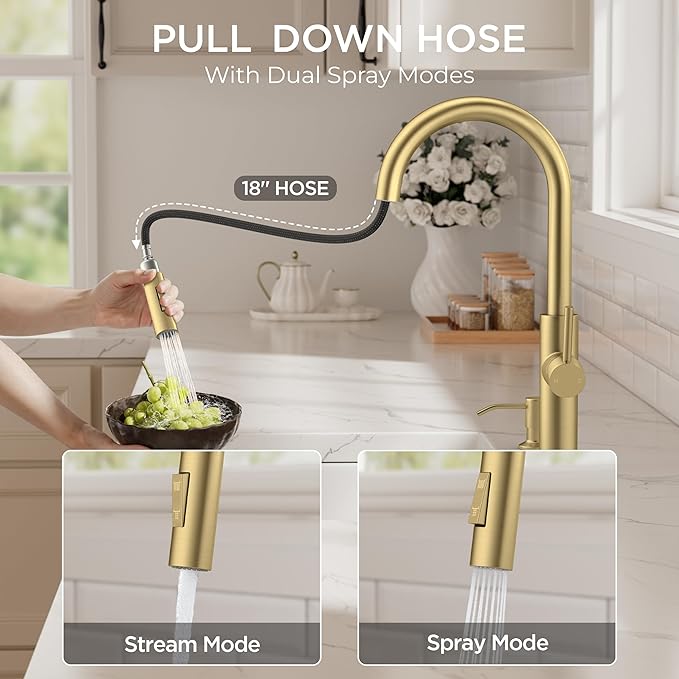FORIOUS Kitchen Faucet with Pull Down Sprayer, Classic Brushed Gold, Single Handle High Arc Stainless Steel Kitchen Sink Faucet, 1 or 3 Hole Deck Mount for RV, Bar, Farmhouse, Laundry, Outdoor