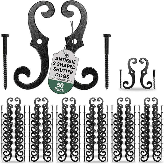 Renovators Supply Shutter Fasteners - Decorative S Style Shutter Dogs Hardware - Rust Resistant Powder Coated External Shutter Tieback Including Mounting Screws - 6.5 Inches, Cast Aluminum, Pack of 50