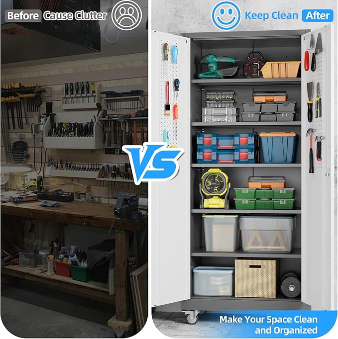71" H×32" W×16" D Garage Storage Cabinet with Wheels & Pegboard, Locking Metal Storage Cabinet with Doors and 5 Adjustable Shelves & 4 Hooks for Garage Warehouse Home Office, White and Gray