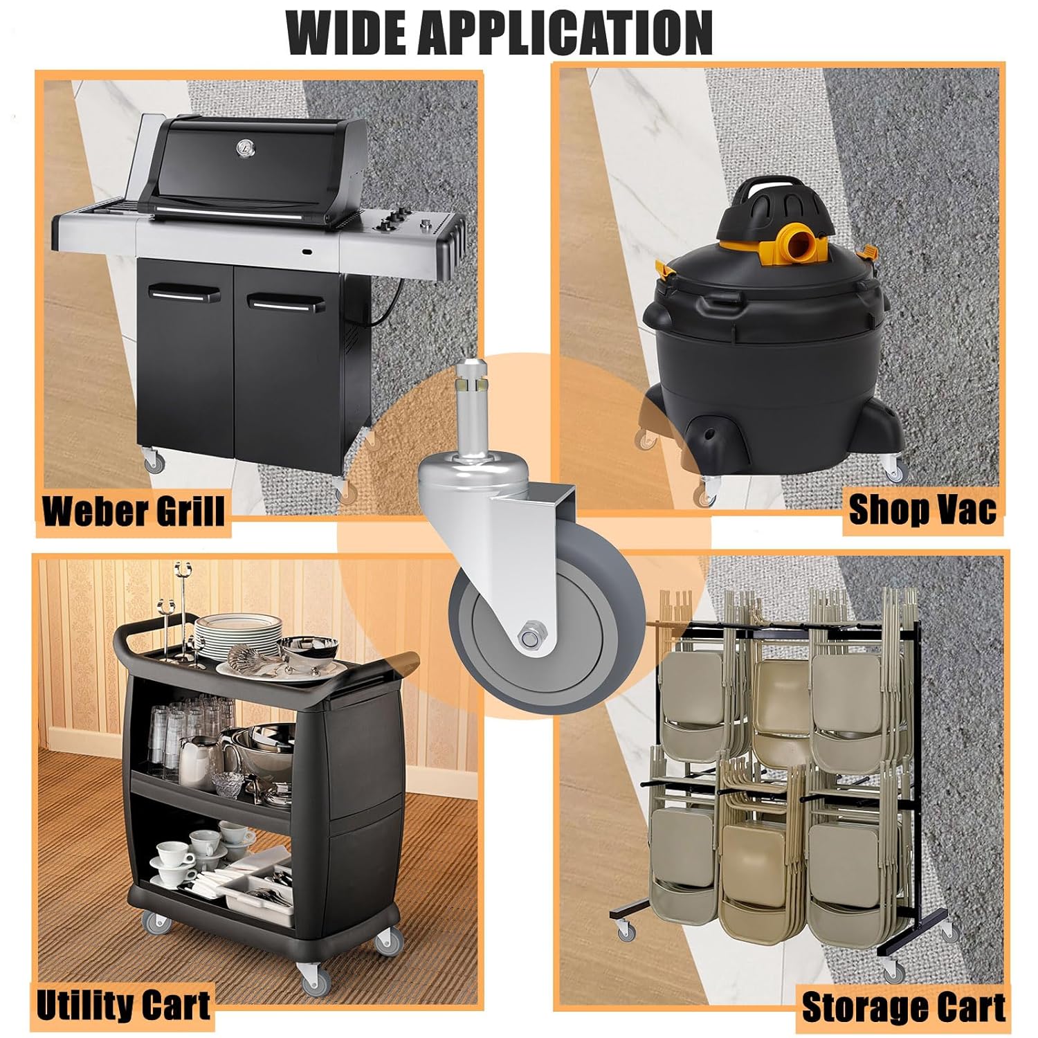 4-Inch Swivel Stem Caster, 7/16-Inch Stem Diameter Rubber Wheel, Heavy Duty TPR Replacement Wheels for Rubbermaid Mop Bucket Cart Grill Casters - 4 Pack