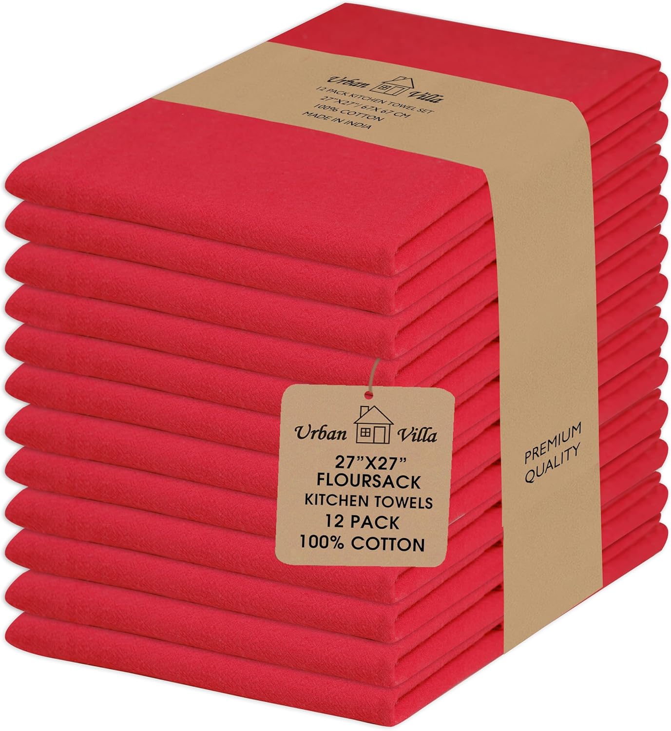 Urban Villa Flour Sack RedKitchen Towels 100% Cotton Highly Absorbent Dish Towels for Bread Proofing Baking Drying Dinnerware Glass Embroidery DIY Projects Zero Lint 27x27 Inches (12 Pack)