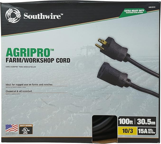 Southwire AgriPro 10/3 Gauge Black Outdoor Extension Cord - Extra Heavy Duty All-Copper Wire - UL Listed - Highly Resistant to Chemicals & Oils - 100 Feet