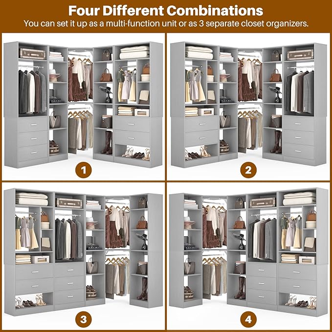 Corner Closet System with 5 Drawers, Closet Organizer System with 15+Shelvess & 4 Hanging Rods, 63.2"L * 63.2"W / 87.2"L * 39.2"W Reversible L Shaped Walk-in Closets, Load 2500+LBS, Grey