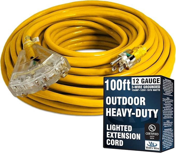 Outdoor Extension Cord Waterproof (100 ft) 12 Gauge Heavy Duty Extension Cord Splitter - Lighted Outdoor Extension Cords with Multiple Outlets - Watts Wire - 100' Grounded - extensiones electricas