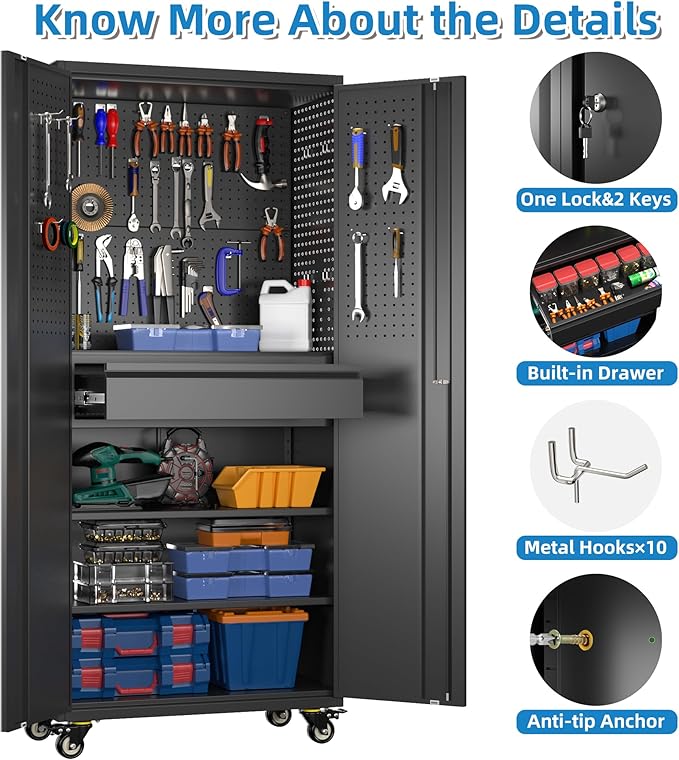 71"H Garage Storage Cabinet with Wheels, Drawer, Pegboard and 16 Hooks, Metal Storage Cabinet with Locking Doors and 2 Adjustable Shelves for Garage, Warehouse, Home, Black, Assembly Required
