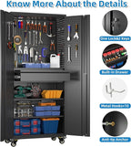 71"H Garage Storage Cabinet with Wheels, Drawer, Pegboard and 16 Hooks, Metal Storage Cabinet with Locking Doors and 2 Adjustable Shelves for Garage, Warehouse, Home, Black, Assembly Required