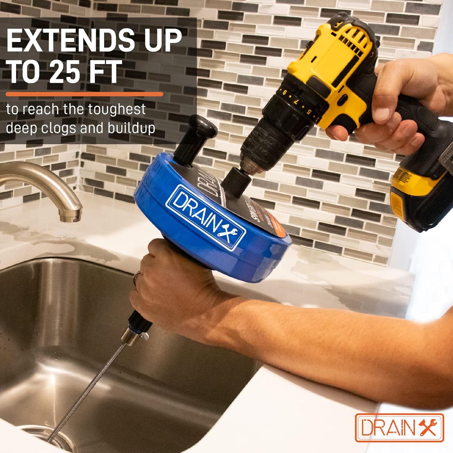 DrainX 35-FT Steel Power Pro Drum Auger Plumbing Snake with Drill Attachment | Use Manually or Powered | Heavy Duty Cable with Work Gloves and Storage Bag Included