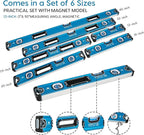 6-Piece Spirit Level Set (12", 16", 20", 24", 32", 40"), Level Set with Magnetic Torpedo, 45°/90°/180°Bubbles Measuring, Aluminium Alloy Levels, Open Top View Design