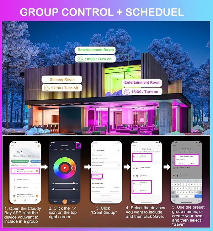 CLOUDY BAY 4 inch Eyeball Smart LED Recessed Light,Color Changing Recessed Lighting,Compatible with Alexa and Google Home Assistant,4 Pack