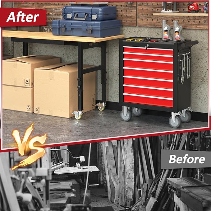 7-Drawers Rolling Tool Chest, Tool Chest with Wheels and Drawers, Rolling Box with Locking System, Tool Box with Wheels for Garage, Warehouse, Workshop (BlackRed)