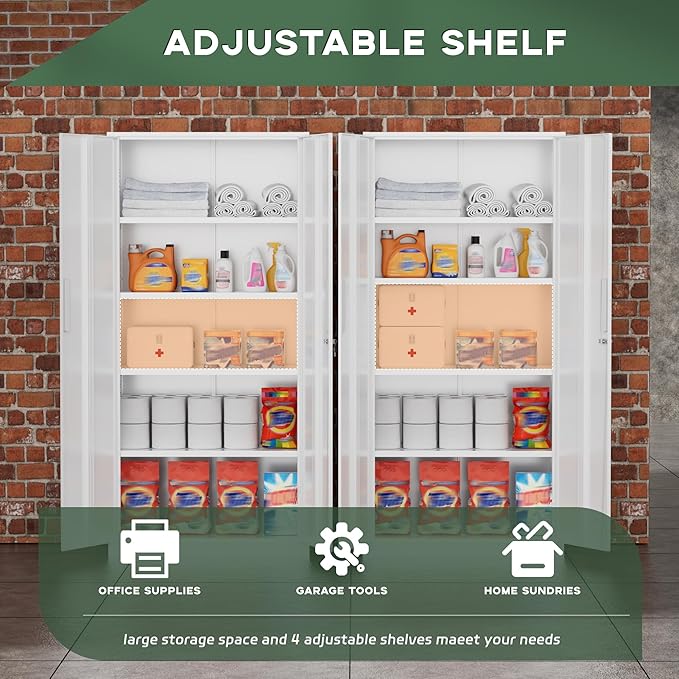 Greenvelly White Metal Storage Cabinet for Garage, 72” Steel Locking Cabinet with Doors and 4 Shelves, Tall Tool Organizer for Garage Systems Lockable File Storage for Home Office, Classroom