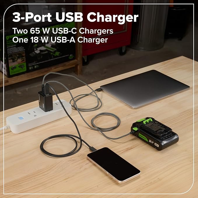 Greenworks 24V Cordless Brushless 400 in-lbs Drill/Driver+1950 in-lbs Impact Driver Combo,High Torque, Lightweight, (2) 2.0Ah USB-C Batteries(12,000mAh Power Bank) and 65W USB-C Fast Charger(3-Port)