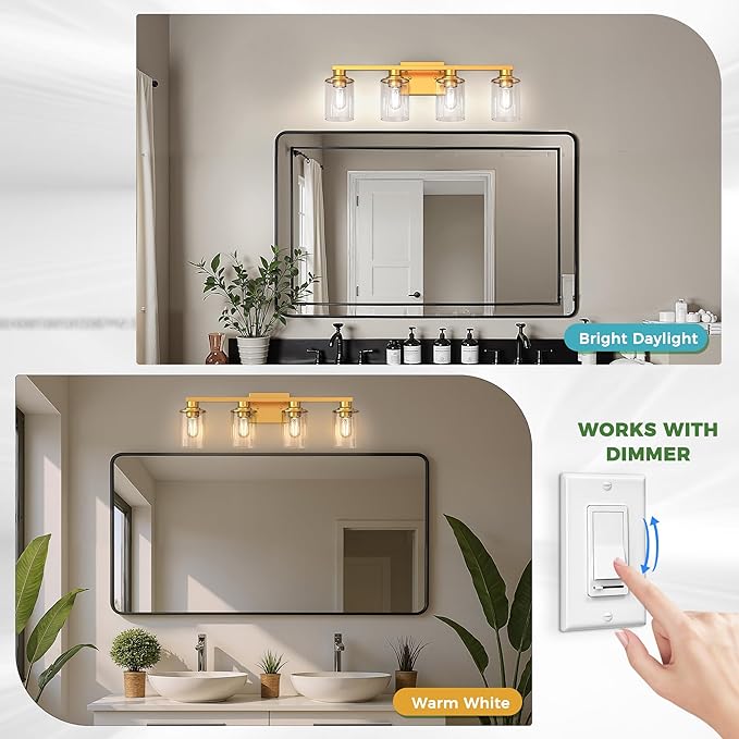 DORESshop 4-Light Vanity Light Fixtures, Brass Bathroom Light Fixtures Over Mirror with Clear Glass Shade, Modern Vanity Lights for Living Room Bedroom