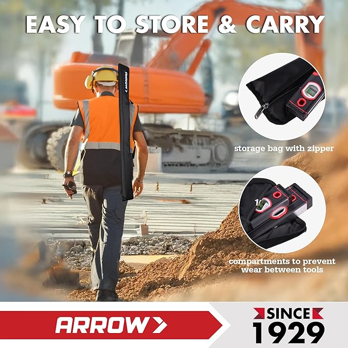 ARROW 3-Piece Spirit Level Set Included 9"/16"/48" Level with 45°/90°/180° Bubbles, Carrying Bag, Aluminum Alloy Body, Precision-Machined Base & Shockproof Rubber End Caps for Construction, Carpentry