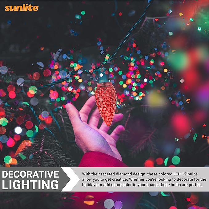 Sunlite 80707 LED C9, Holiday Decorative Light Bulb, 0.4 Watts, E17 Intermediate Base, Faceted Christmas-Lights; Nightlight, Red, 6 Count
