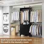 Aheaplus Closet System With 3 Wooden Drawers, Walk-in Wardrobe Organizer, Clothes Rack With 4 Hanging Rods, Garment Rack, -4R, Black