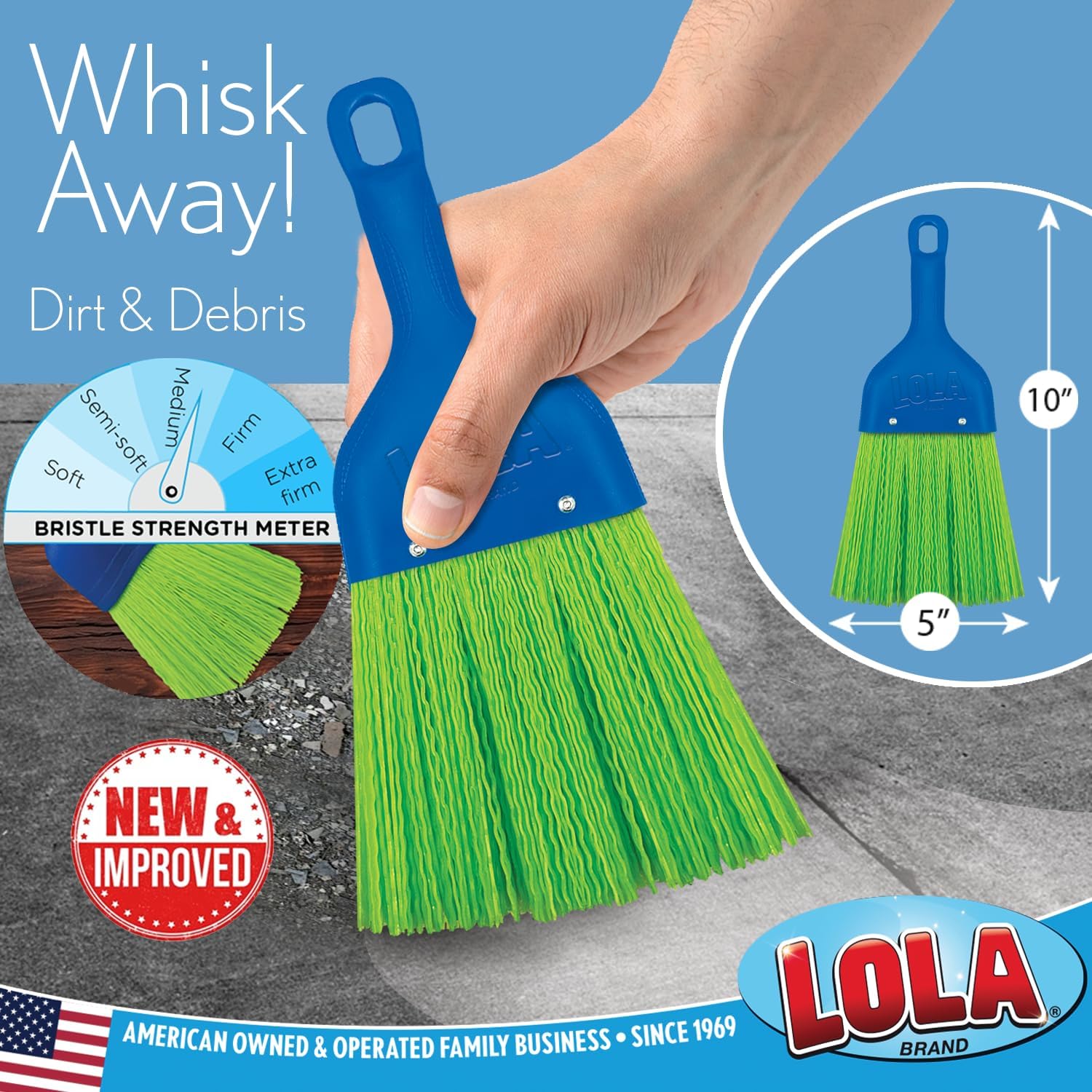 LOLA Whisk Broom, Hand Brush, 72 Pack Durable Bristles, Whisks Away Dirt & Debris, Compact, Hang Hole for Easy Storage, Indoor/Outdoor