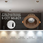 Maxxima 4 in. Ultra Thin Recessed Anti-Glare LED Downlight, Canless IC Rated, 1000 Lumens, 5 Color Temperature Selectable 2700K/3000K/3500K/4000K/5000K, Dimmable, Bronze Trim, 90 CRI, J-Box Included