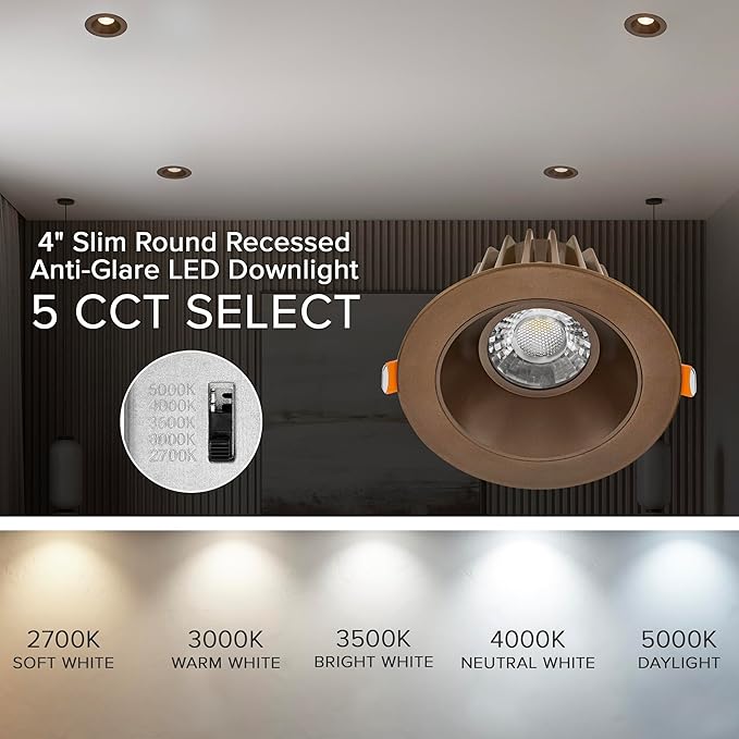 Maxxima 4 in. Ultra Thin Recessed Anti-Glare LED Downlight, Canless IC Rated, 1000 Lumens, 5 Color Temperature Selectable 2700K/3000K/3500K/4000K/5000K, Dimmable, Bronze Trim, 90 CRI, J-Box Included