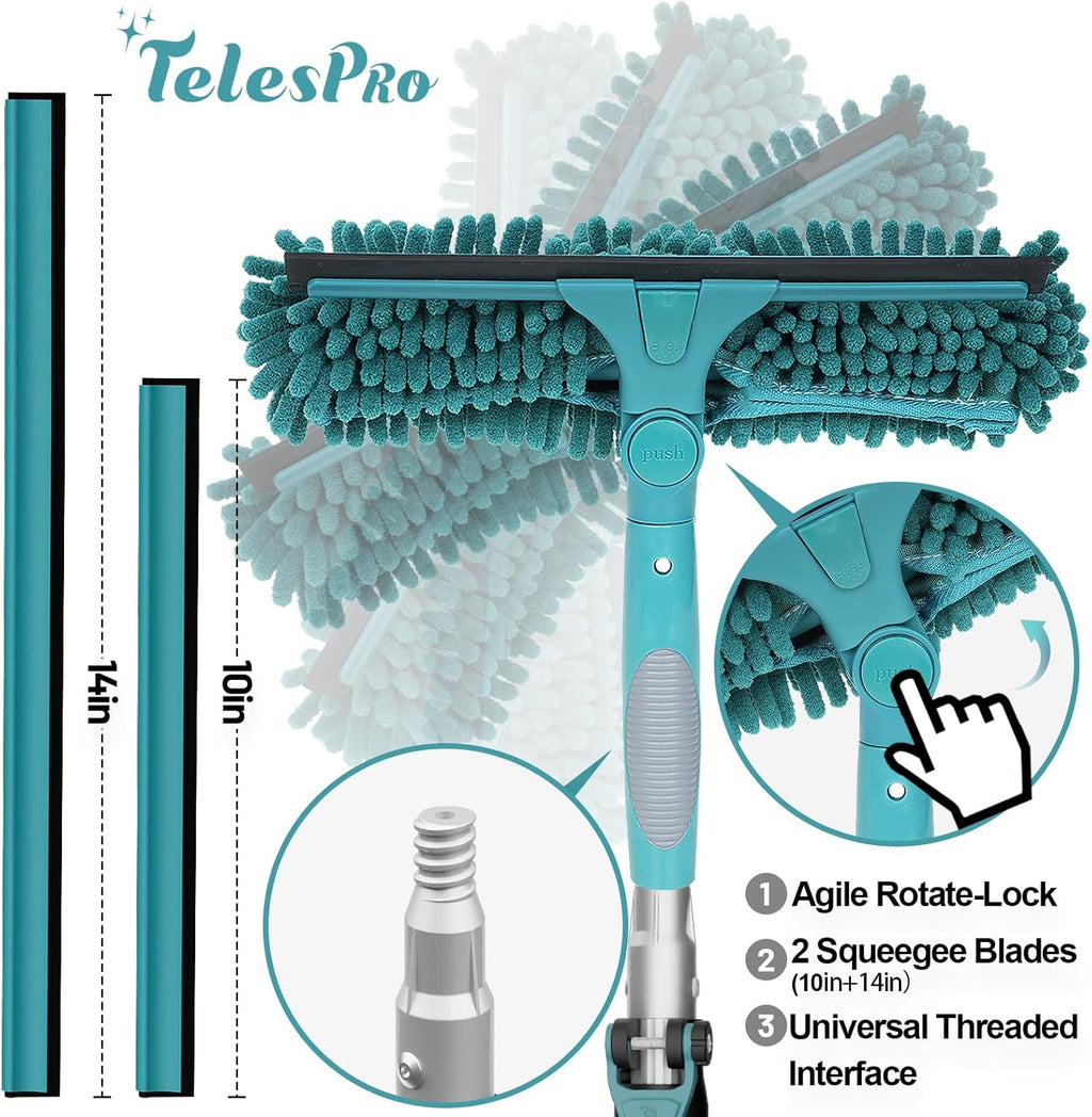20 Feet High Reach Window Squeegee with 5-12Ft Extension Pole, Window Cleaner Tool with 3-Stage Telescoping Pole, Window Cleaning Kit with Rotatable Head (2 Squeegee & 2 Microfibre Cloths)
