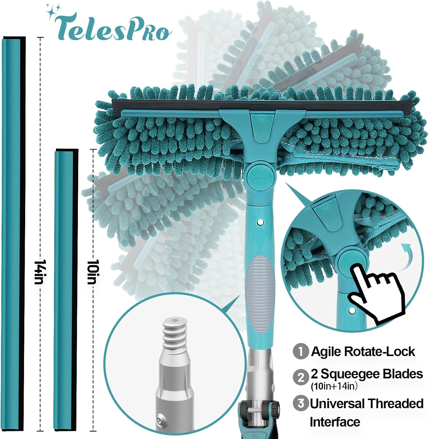 36 Feet High Reach Window Squeegee with 7-30 Ft Extension Pole, Window Cleaner Tool with 5-Stage Telescoping Pole, Window Cleaning Kit with Rotatable Head (2 Squeegee & 2 Microfibre Cloths)
