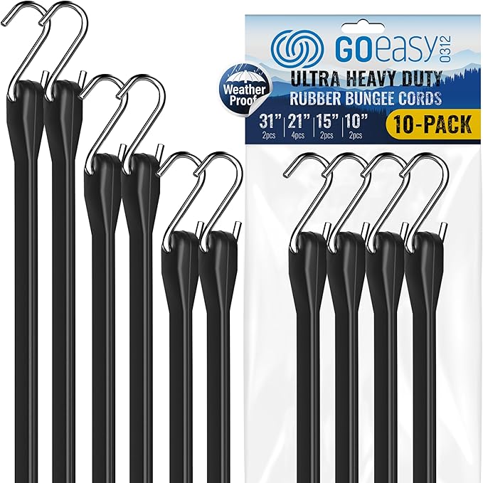 GOEASY0312 Rubber Bungee Cords with Hooks - Heavy Duty Max Stretch 1.8X & Over 180 LBS Load, 100% EPDM Bungee Straps, 10", 15", 21", 31" (10 Pack) for Cargo, Trucks & Outdoor Extreme Weather Use