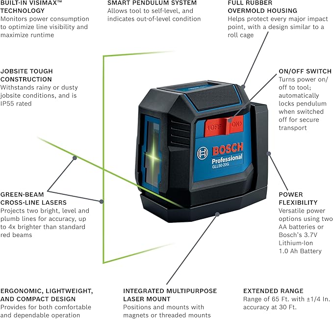 BOSCH GLL50-20G 50 Ft Green-Beam Self-Leveling Cross-Line Laser, Includes Integrated Magnetic Mount, 2 AA Batteries, & Soft Pouch