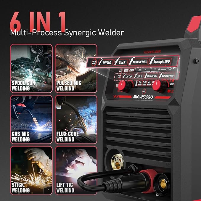 YESWELDER MIG-250 PRO Aluminum MIG Welder, 250Amp 220V Advanced Digital Display, MIG/Pulsed MIG/Flux Core/Aluminum MIG/Lift TIG/Stick 6-In-1 Multiprocess Welding Machine, Spool Gun Compatible