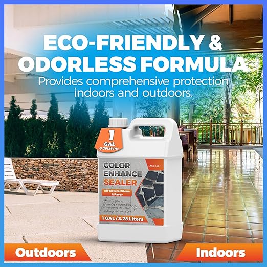 1 Gallon Wet Look Stone Sealer, High Gloss Paver Sealer for Outdoor Surfaces (Travertine, Slate, Sandstone, Concrete)– Waterproof, Provides Natural Color Enhancement for Driveways, Patios