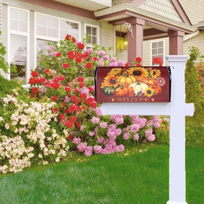 Autumn Pumpkin Thanksgiving Mailbox Cover - Magnetic Fall Sunflower Maple Leaf - Standard Size 25.5 x 21 Inch Farmhouse Rustic Welcome Post Box Wrap - Garden Yard Home Decor