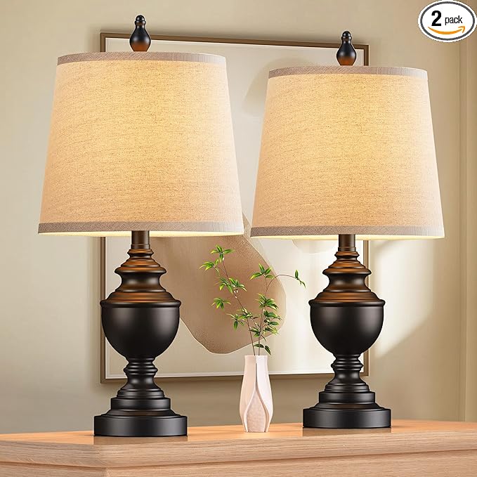 PARTPHONER Retro Table Lamps Set of 2, Bedside Lamp for Bedroom Rustic Farmhouse Table Lamps for Living Room, Vintage Nightstand Lamps with White Shades, Matte Black